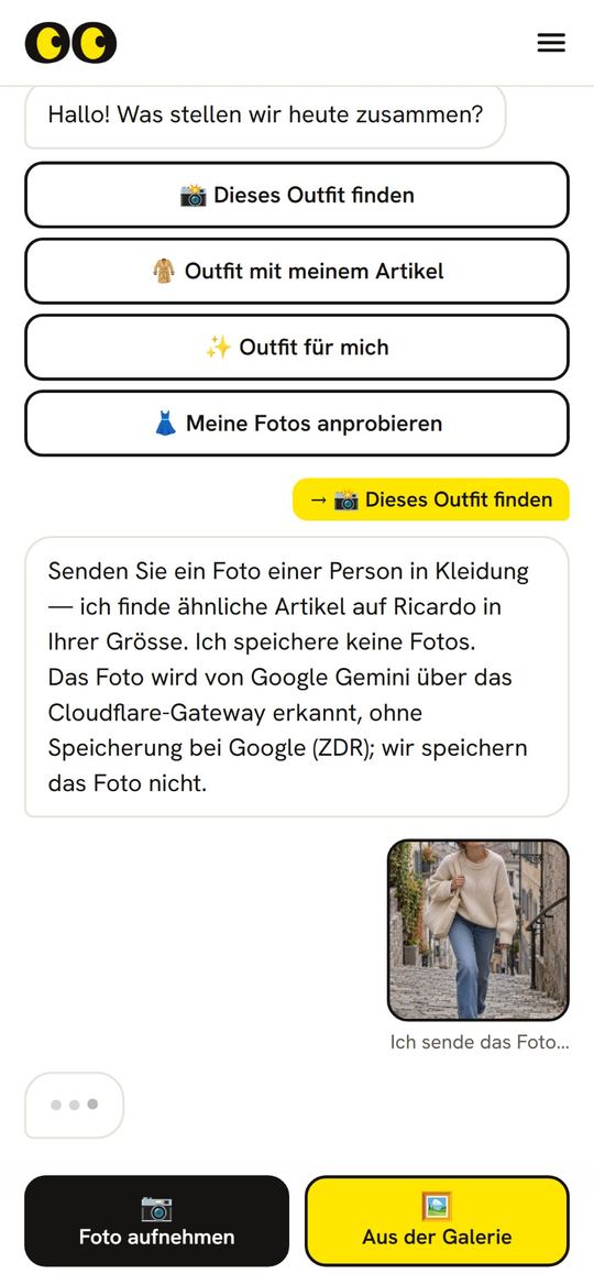 Startbildschirm von Lookli, «Dieses Outfit finden» und das geschickte Foto (für das Beispiel erzeugtes Bild).