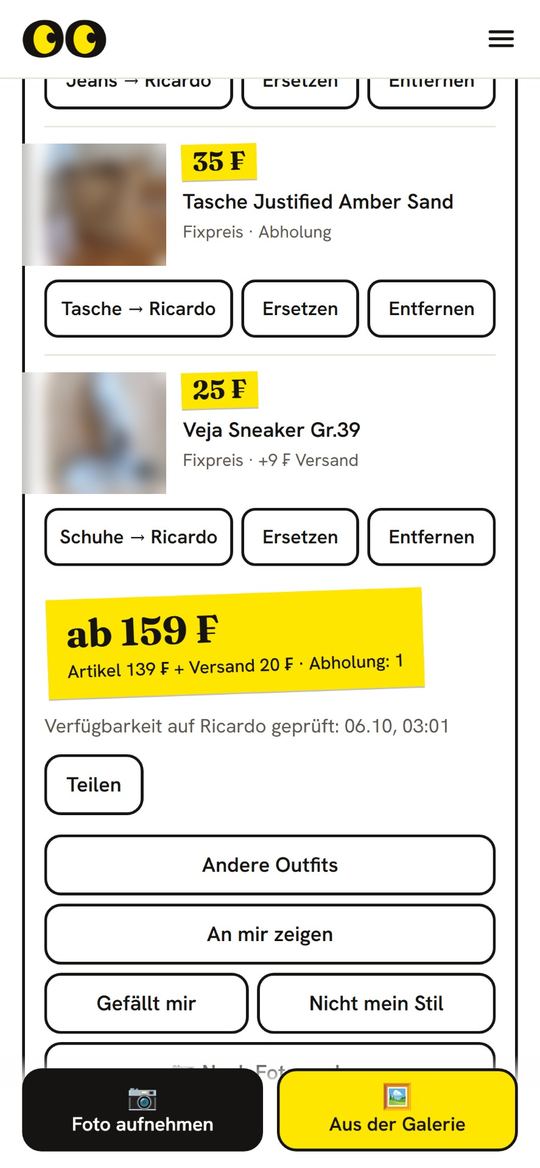 Gefundenes Outfit, Gesamtpreis und Schaltflächen. Fotos der Inserate unscharf gemacht.