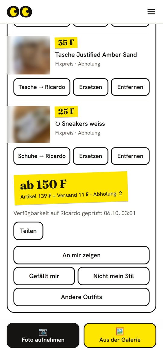 Outfit von Lookli mit «An mir zeigen». Fotos der Inserate unscharf gemacht.
