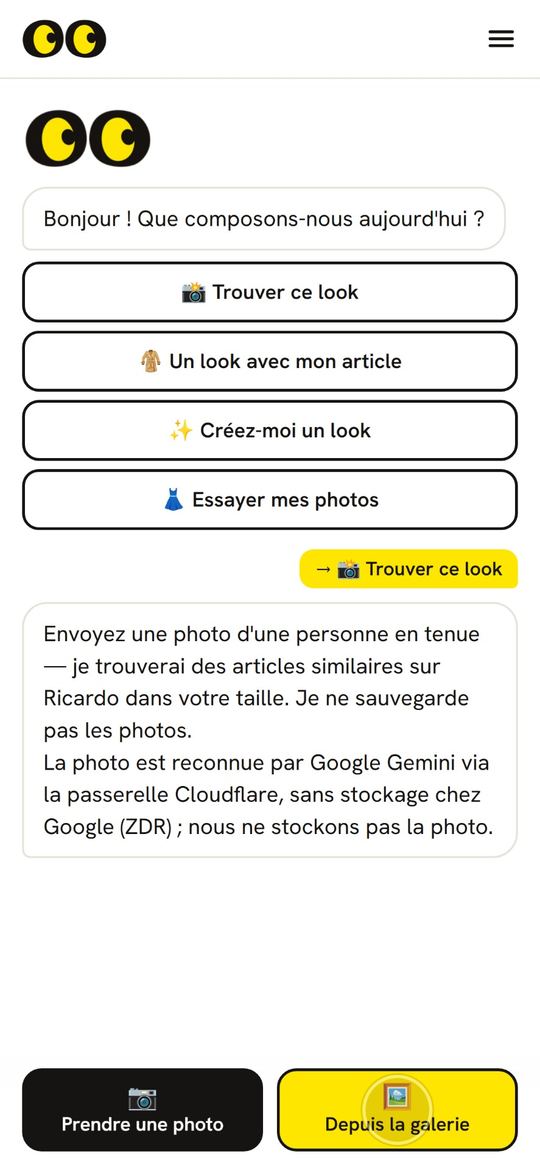 Premier écran de Lookli et « Trouver ce look ».