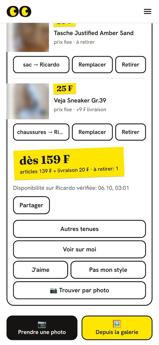 Tenue trouvée, total et boutons. Photos des annonces floutées.