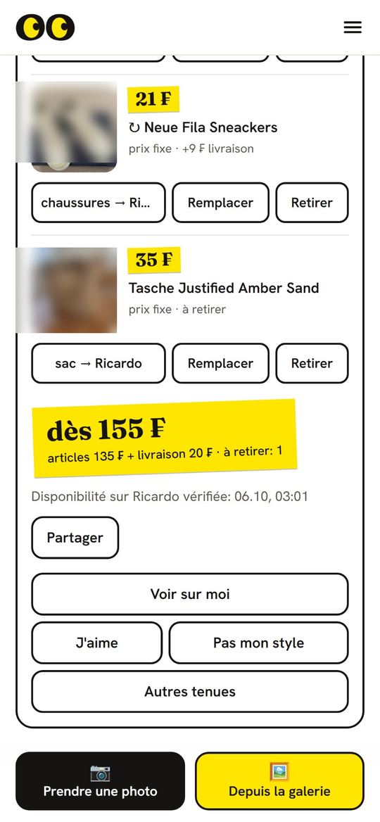 Tenue proposée par Lookli, bouton « Voir sur moi ». Photos des annonces floutées.